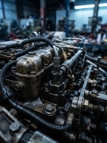 Tight close-up of heavy-duty truck engine components, sharp industrial photography, cool warehouse lighting, high-contrast steel and mechanical parts, crisp details, 50mm, bleeding right edge.