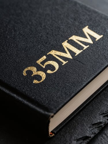 A close-up macro shot of a premium physical business book with a black textured cover and gold foil lettering, resting on a dark slate surface under dramatic directional light, 35mm.