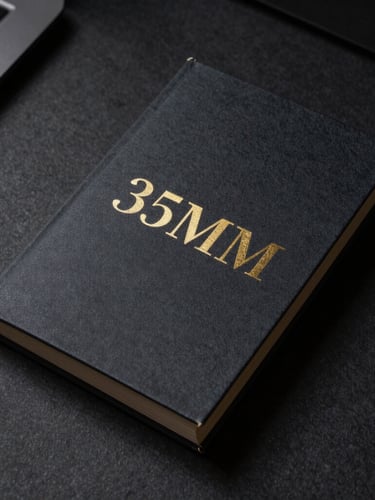 Overhead flat-lay of a dark textured workspace, a premium physical book mockup with gold foil lettering, sharp directional shadows, 35mm photography
