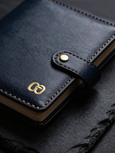 Close-up macro shot of a premium leather-bound business planner on a dark textured slate surface, sharp gold foil embossing, dramatic low-key side lighting with deep shadows, 35mm photography