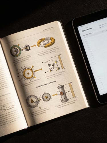 Overhead flat-lay of an open physical textbook displaying complex operational frameworks, placed next to a sleek modern tablet showing a clean digital spreadsheet, dramatic low-key lighting, sharp directional shadows, 35mm