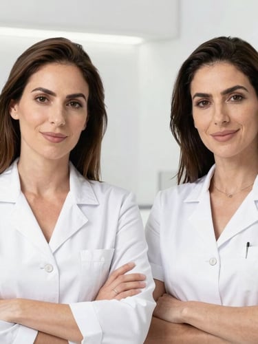 Professional portrait of two medical aesthetic practitioners, Rosa Irles and Ariel Arias, in a clean, modern clinical environment, bright studio lighting, confident and transparent expressions.