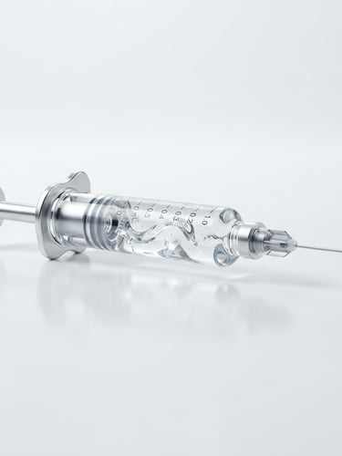 Macro shot of a clear monophasic hyaluronic acid gel syringe, high viscosity visible, with sharp light refractions, minimalist white and silver tones, clinical studio lighting.