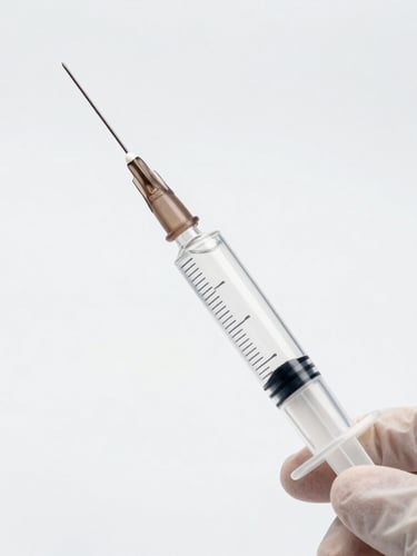 Macro shot of a clear syringe filled with hyaluronic acid gel, held by a gloved hand in a sterile clinical setting, bright studio lighting, sharp glass refractions, minimalist white and silver tones, portrait aspect.