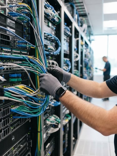 IT professional adjusting server racks in a bright, modern data center, focus on hands, soft blue and mint accents, clean corporate photography