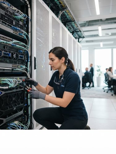 IT professional working on a server rack in a modern office, bright natural light, soft blue and mint accents, sharp focus, professional editorial style, 35mm, wide shot, off-center subject