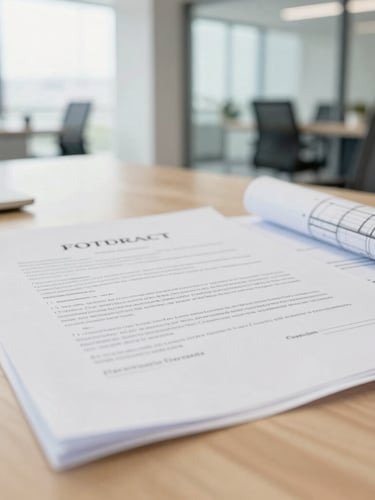 Detailed close-up of a professional contract and architectural blueprints on a clean wooden desk, bright natural daylight, corporate office setting