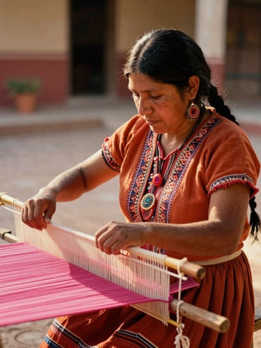 Environmental portrait of a Mayan weaver working on a backstrap loom in a sunlit courtyard, vibrant terracotta and rose threads, warm golden-hour light