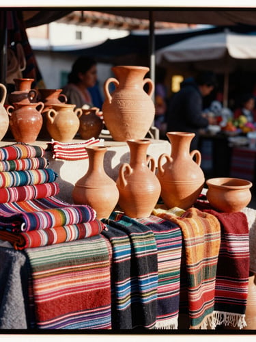 Vintage 35mm photograph of a vibrant, sunlit Guatemalan market stand in Chichicastenango, overflowing with handwoven textiles and warm terracotta pottery, soft golden-hour light