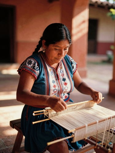 Medium environmental portrait of a Guatemalan artisan weaving on a backstrap loom in a sunlit courtyard, warm golden-hour daylight, rich terracotta tones, 35mm film texture.