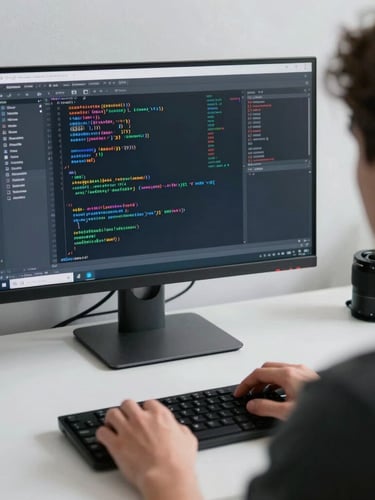 Over-the-shoulder shot of a clean workspace, a developer analyzing structured code and technical SEO diagnostics on a large monitor, cool diffused lighting.