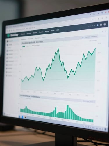 Close-up of a high-resolution analytics dashboard on a clean vertical monitor, displaying complex organic traffic charts with sharp green trend lines, cool diffused office lighting, deep shadows.