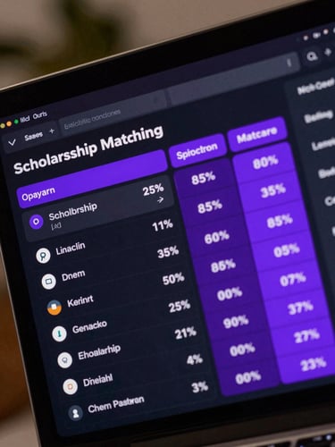 Tight macro shot of a dark-mode SaaS interface displaying a scholarship matching matrix, showing percentage match scores, eligibility criteria, and upcoming deadlines in electric violet and indigo tones, soft background blur.