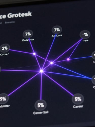 A crisp, dark-mode SaaS interface visualization showing a node network mapping high school streams to career paths, glowing violet and indigo lines, clean percentage indicators, high contrast, Space Grotesk typography elements, dark background.
