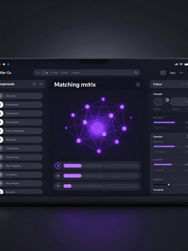 Crisp high-fidelity SaaS terminal UI screenshot, dark mode, showing a college matching matrix with interactive filter sliders, glowing purple node networks, cool studio backlighting.