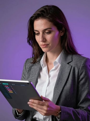 Portrait of a professional admissions advisor analyzing a data dashboard on a tablet, cool-toned studio lighting with subtle violet backlighting