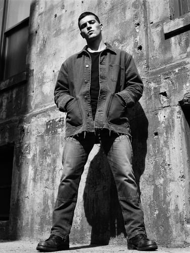 Stark low-angle shot of a model wearing a structured heavy-gauge canvas jacket with raw-edged hems, standing against a raw concrete wall under harsh direct daylight, casting deep shadows.