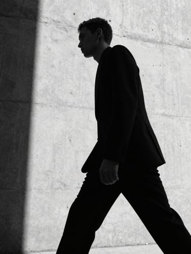 Low-angle wide shot of a model in motion, wearing a structured TEKTO garment, against a raw concrete wall with deep shadows, emphasizing the silhouette and architectural form, cold overcast daylight, high-contrast monochrome.