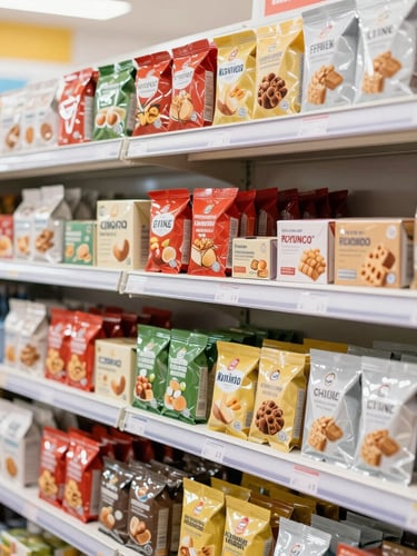 Bright professional commercial photo of packaged confectionery and consumer goods neatly arranged on clean retail shelves, daylight accents, sharp focus
