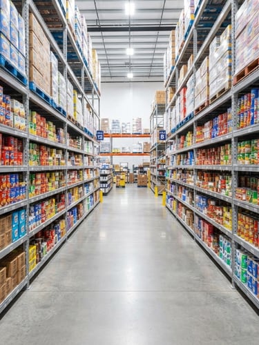 Bright commercial photography of neatly organized wholesale warehouse shelves, high-key studio light, vibrant packaged goods, professional logistics aesthetic