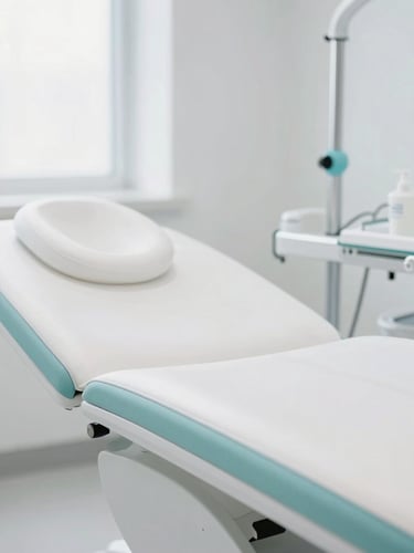 Bright, minimalist clinical treatment room with a white modern chair, clean glass surfaces, and soft azure accents, flooded with natural daylight