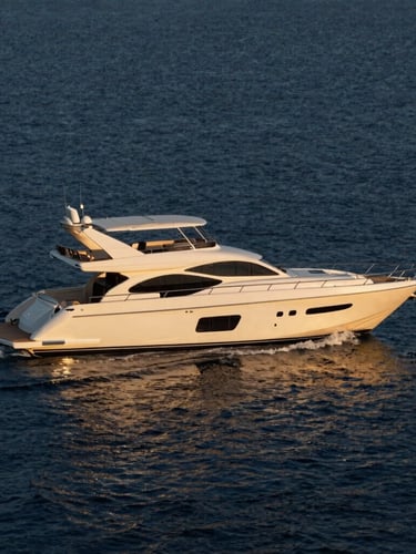 Sleek white luxury yacht cruising through deep navy blue water under warm golden hour sunlight, dynamic side-angle shot