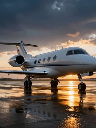 Modern private jet parked on a wet tarmac at sunset, dramatic low-angle shot with warm golden reflections