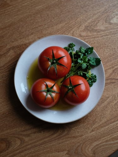 Overhead flat-lay of a Scandinavian-style minimalist wooden table with a single plate of fresh heritage tomatoes, wild herbs, and olive oil, soft moody side-light, rich crimson tones, 35mm
