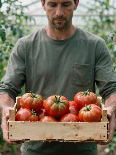 Candid shot of a local farmer holding a wooden crate of fresh heirloom tomatoes in a sunlit greenhouse, rustic green tones, 35mm
