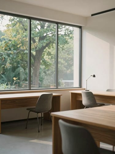 A minimalist, airy workspace with natural wood desks, large windows showing green trees, and soft, calm morning light.