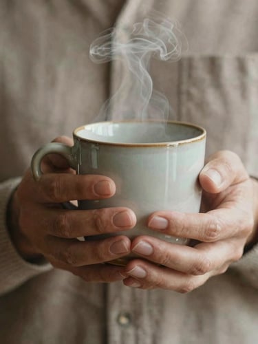 A close-up of hands holding a warm ceramic mug, steam rising gently, with soft linen textures in the background.