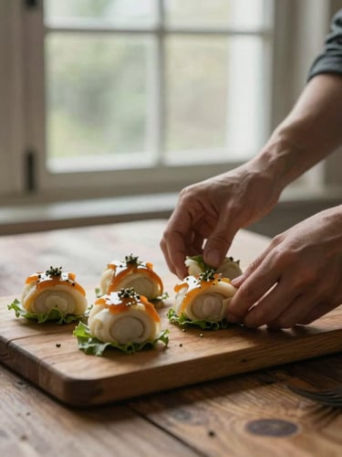 Hands gently preparing whole foods on a rustic wooden table, soft overcast daylight filtering through a window.