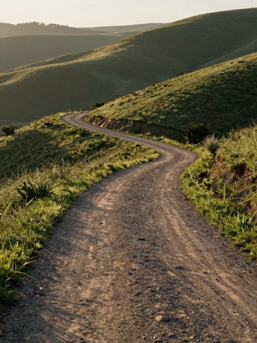 Soft morning light over a quiet dirt path winding through the Boise foothills, empty space on the left, serene atmospheric landscape.