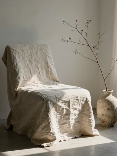 A quiet, sunlit room with a linen-covered chair and a small stone vase holding a single dried branch, soft morning light.