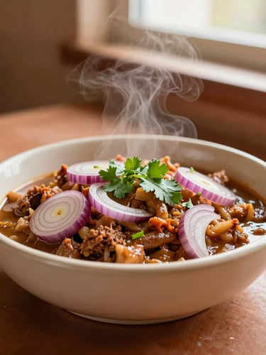 Warm editorial food photography of a steaming bowl of Encebollado with red onions and cilantro, natural window light, terracotta background