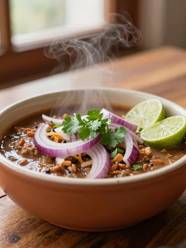 Warm close-up of a steaming bowl of Ecuadorian Encebollado with red onions, fresh cilantro, and lime slices on a rustic wooden table, natural window light, shallow depth of field, 35mm