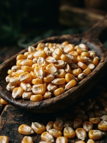 Macro details of raw golden corn kernels in a dark wooden scoop, deep directional natural light, rich shadows, moody editorial photography, deep green and gold tones, 35mm film grain