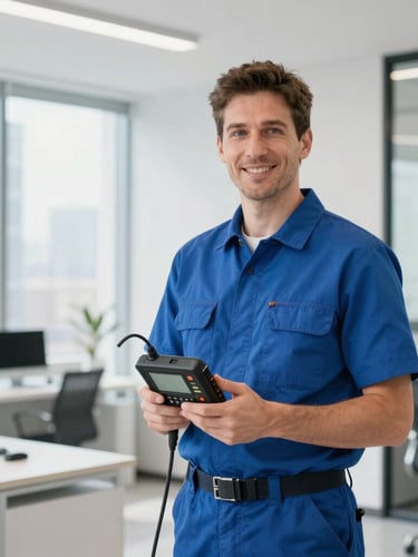 Medium shot of a licensed master plumber standing in a modern, brightly lit corporate office in Metropolis Tower, holding professional digital leak detection equipment, crisp clean daylight, sharp focus