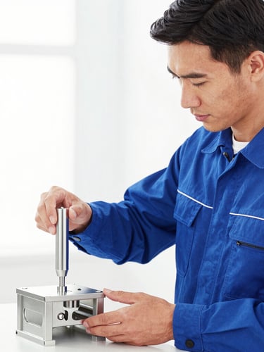 Bright high-key commercial photography of a professional technician in a deep blue uniform adjusting a polished steel fixture, crisp clean daylight, sharp focus, 35mm lens