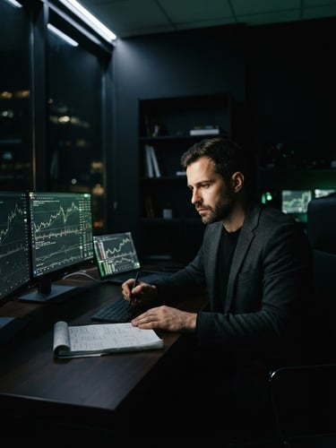 Cinematic low-key photo of a focused male entrepreneur analyzing charts in a dark obsidian-toned office, side-lit with subtle green ambient glow.