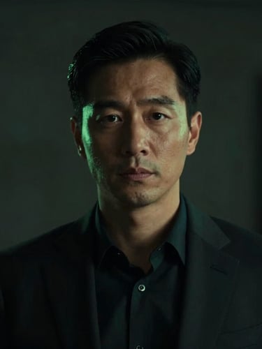 Cinematic environmental portrait of a male entrepreneur in deep focus, dark obsidian tones, sharp green side-lighting, shallow depth of field, 35mm