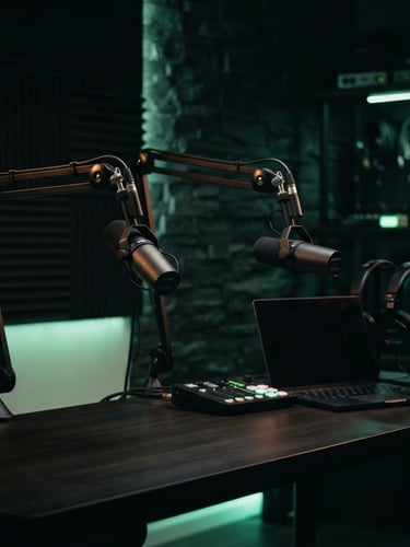 Cinematic low-key shot of a premium podcast studio setup with high-end microphones, dark obsidian background, subtle neon green ambient lighting, 35mm, shallow depth of field