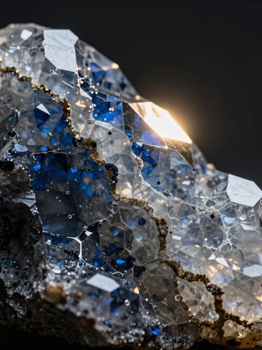Macro extreme close-up of translucent quartzite veins, backlit with a soft golden glow, deep petroleum blue and charcoal crystalline structures, dramatic side lighting, high contrast