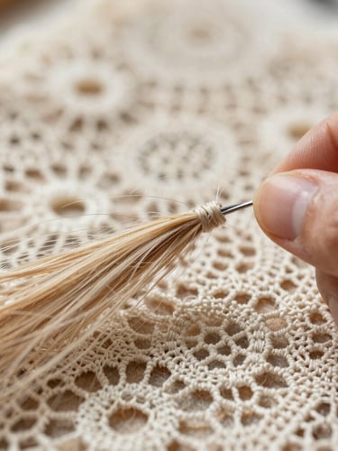 Macro close-up of meticulous hand-knotting craftsmanship on an ultra-fine lace base, soft indirect northern daylight highlighting the individual strands of natural human hair.