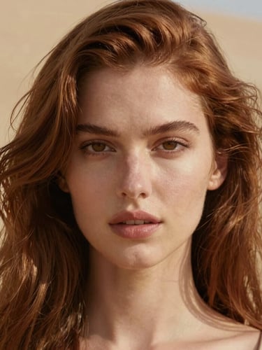 A striking close-up portrait of a woman with beautifully styled, natural-flowing chestnut hair catching soft, diffused northern daylight, set against a warm sand background.