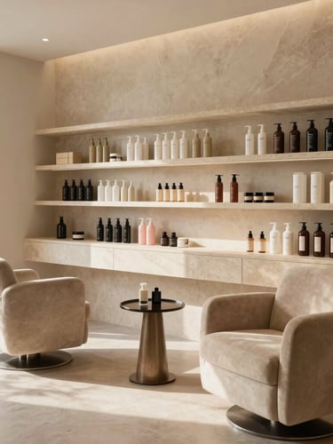 Wide shot of a serene private salon suite with plush seating, warm neutral stone shelves holding premium hair care bottles, bathed in soft diffused daylight.