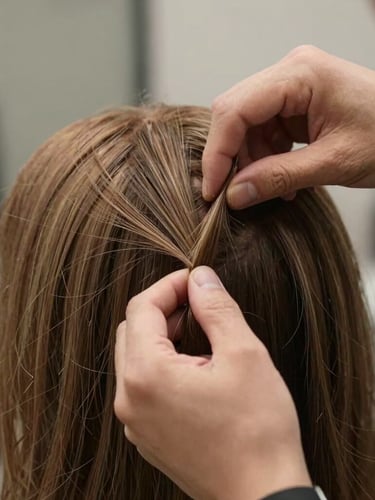 A close-up of a master stylist's hands carefully performing a precision cut on a natural human hair wig, soft northern light highlighting the individual strands and natural movement.