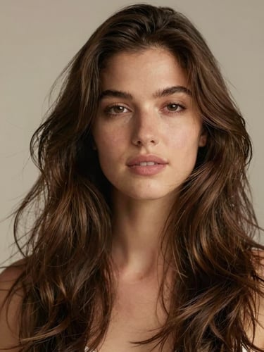 Soft-focus portrait of a woman with natural-looking hair movement, warm indirect daylight highlighting the rich texture and subtle highlights of her hair, serene expression, neutral studio background.
