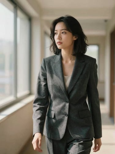 A professional woman in motion down a sunlit hallway, wearing a tailored charcoal blazer, soft directional natural window light, 35mm film texture.