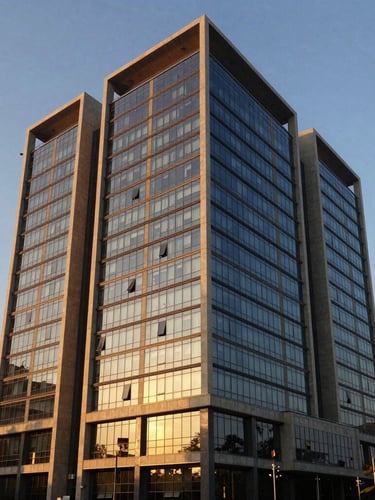 Wide architectural shot of a modern glass and concrete corporate headquarters in Mumbai at golden hour, sharp lines, warm sunlight reflecting off windows